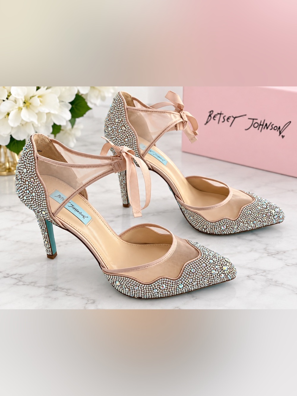 Blue by Betsey Johnson Iris Champagne Rhinestone Bridal Heels Size 10 NIB.